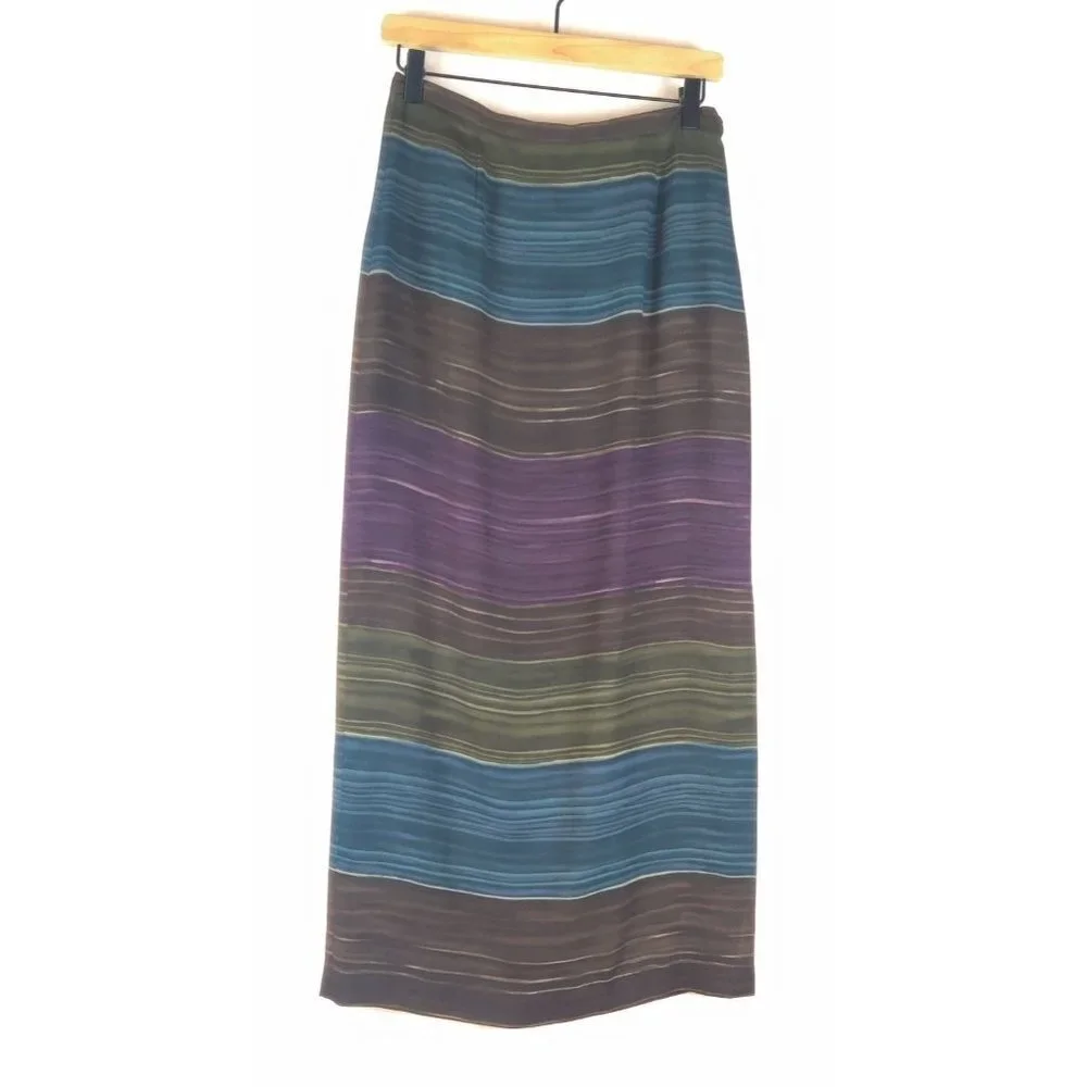 Skirt Maxi Slender Lined Multi Color Blended Stripes Rows Across Slit One side